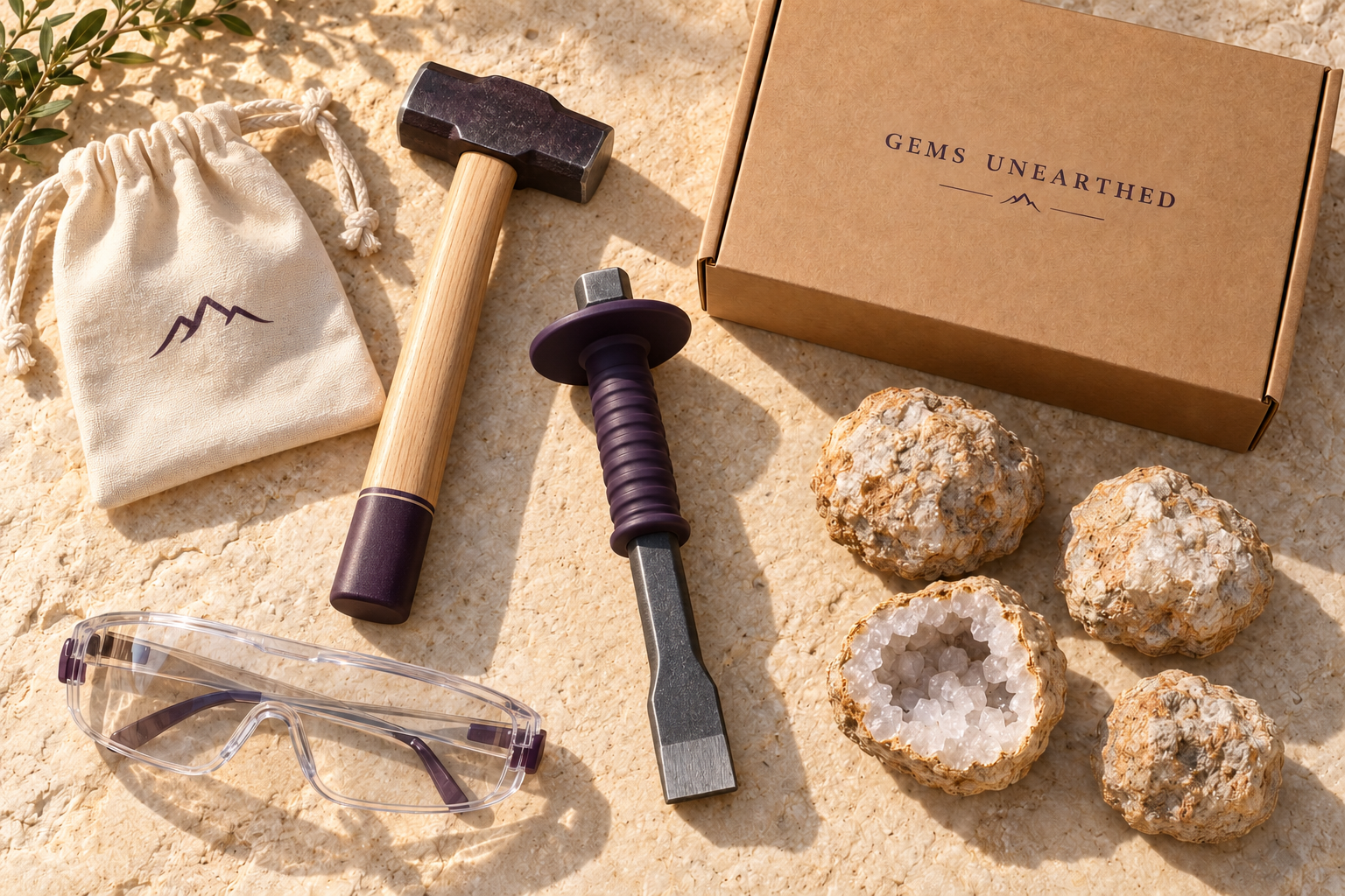 Concept of the discovery kit with hammer, guarded chisel, goggles, natural geodes and cotton pouch