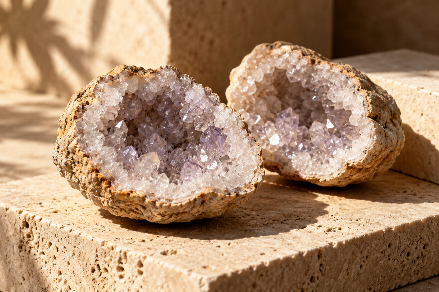 A natural geode opened to reveal its delicate quartz crystal interior — concept photograph